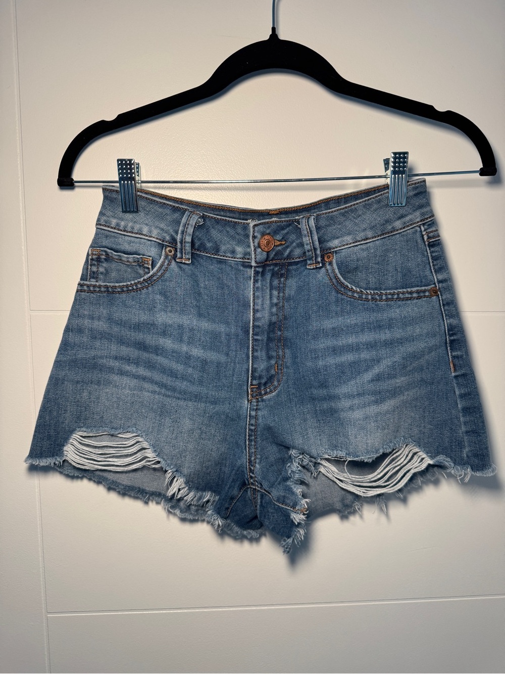 High-Rise Distressed Denim Shorts - Blue